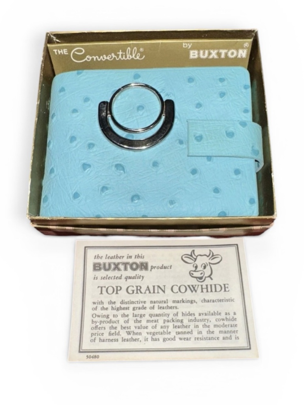 Buxton, 1960 โThe ConvertibleโTurquoise Ostrich Embossed Cowhide Wallet Vtg